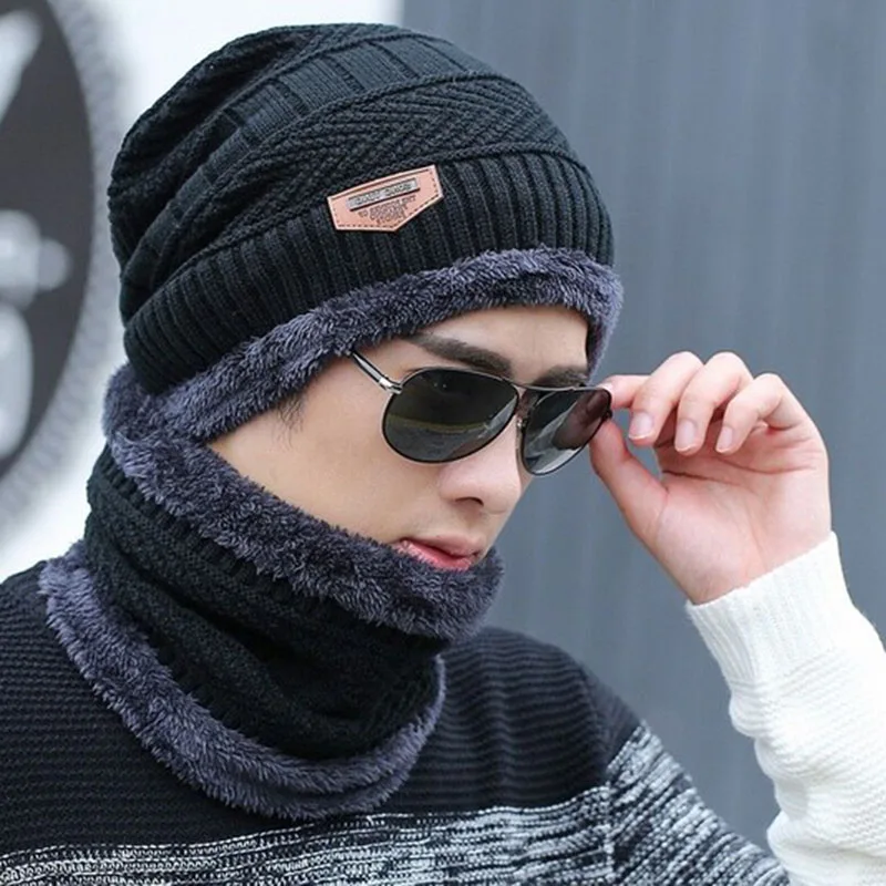 

Neck warmer knitted hat scarf set fur Wool Lining Thick Warm Knit beanies balaclava Winter Hat For men women Cap Skullies bonnet