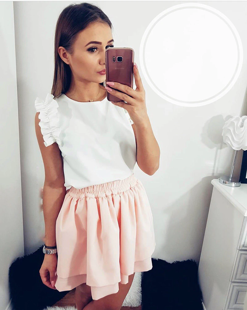 2019 летняя модная женская однотонная Свободная блуза с круглым вырезом и