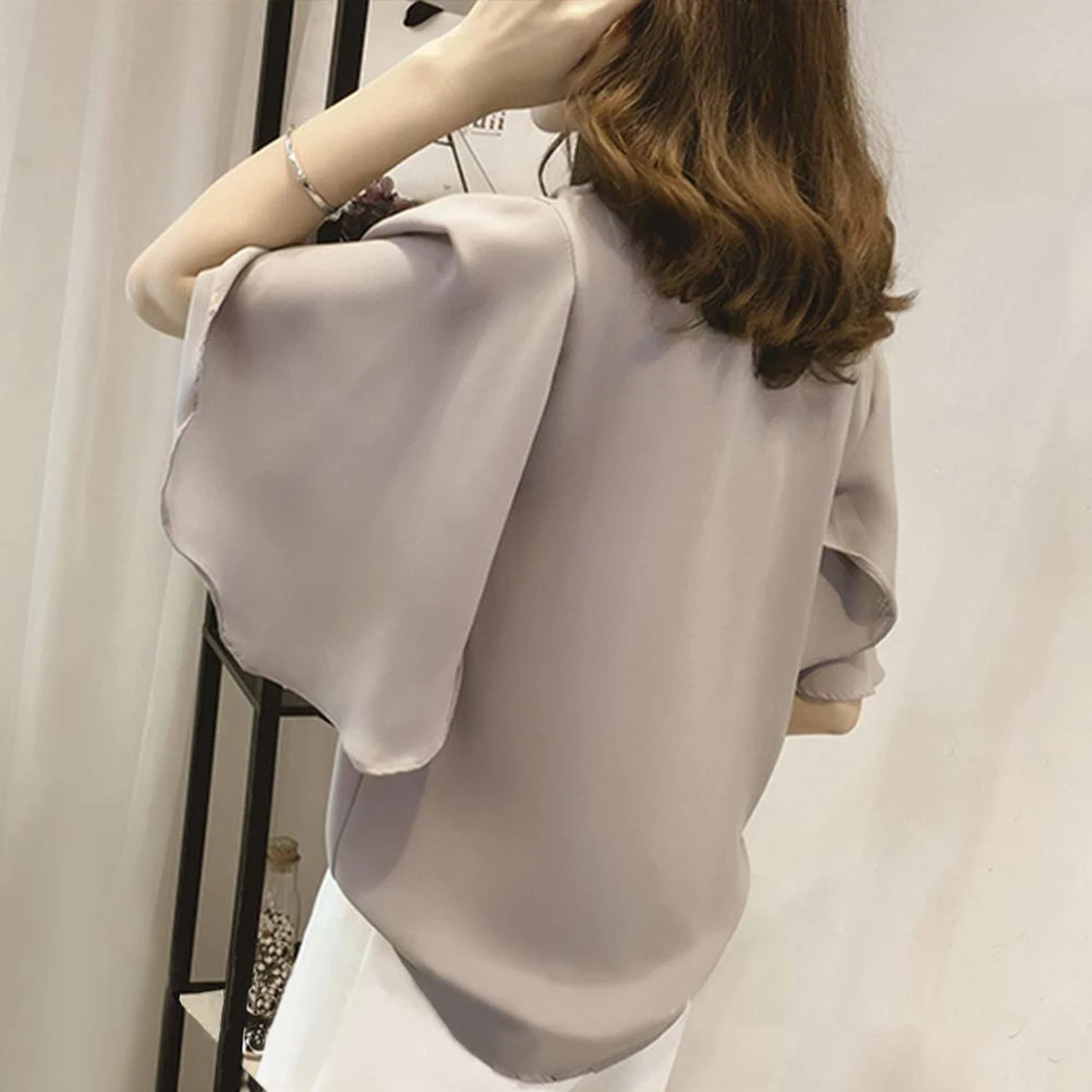 Plus Size Summer Chiffon Blouse Korean Style Women Loose Short Sleeve Shirt Elegant Ladies Solid White Gray Pink Tee Tops Blusas |