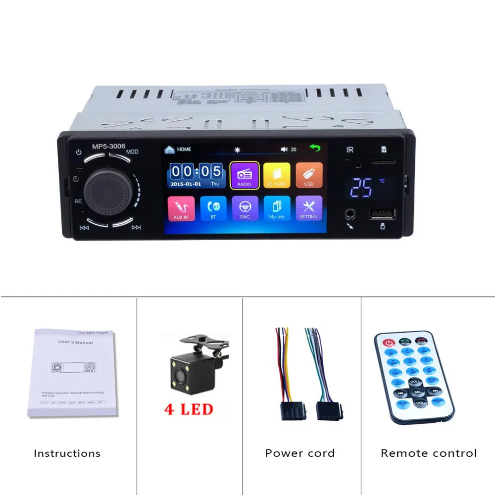 With 4 LED Camera Podofo Авторадио 1din радио автомобиля 4,1 дюймов сенсорный экран Зеркало Ссылка радио автомобиля USB/U диск/AUX Bluetooth Радио MP3 Автомобильный плеер - Цвет: With 4 LED Camera