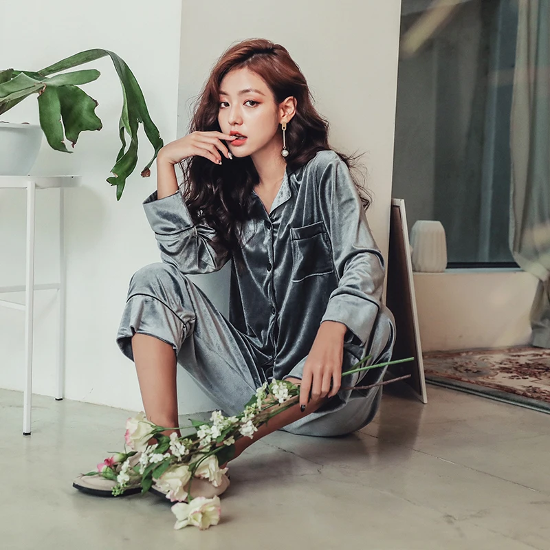 Домашняя одежда мягкий бархатный женский пижамный комплект золотого цвета Осень