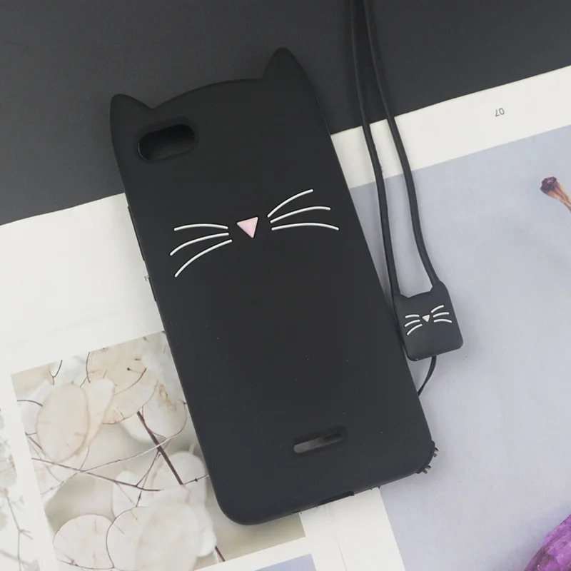 HuxuBlack With Rope Милый силиконовый чехол с 3D рисунком для Xiaomi Redmi 6A, чехол s, Япония, блестящая борода, кошка, кошечка с милыми ушками, чехол для телефона 6 Pro Redmi6 6Pro - Цвет: HuxuBlack With Rope