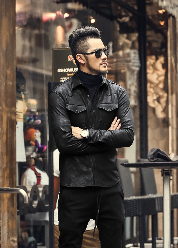Для мужчин Костюмы Повседневное Slim Fit Для мужчин длинные рукава Кожа рубашка мотоциклетная куртка Для мужчин платье рубашка Длинные рукава chemise homme S509