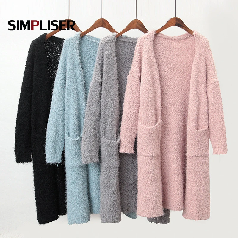 Women Cardigans Popcorn Sweaters Open Knitted Coat Grey Black Pink Mohair Oversize Outwear With Pocket Long Sleeve Knitwear 2019 |