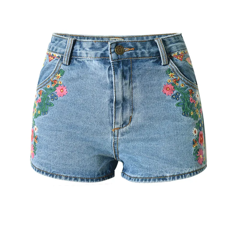 LOLEN 3D Вышитые Джинсы Богемия Высокая Талия Тонкая Джинсовые Шорты для