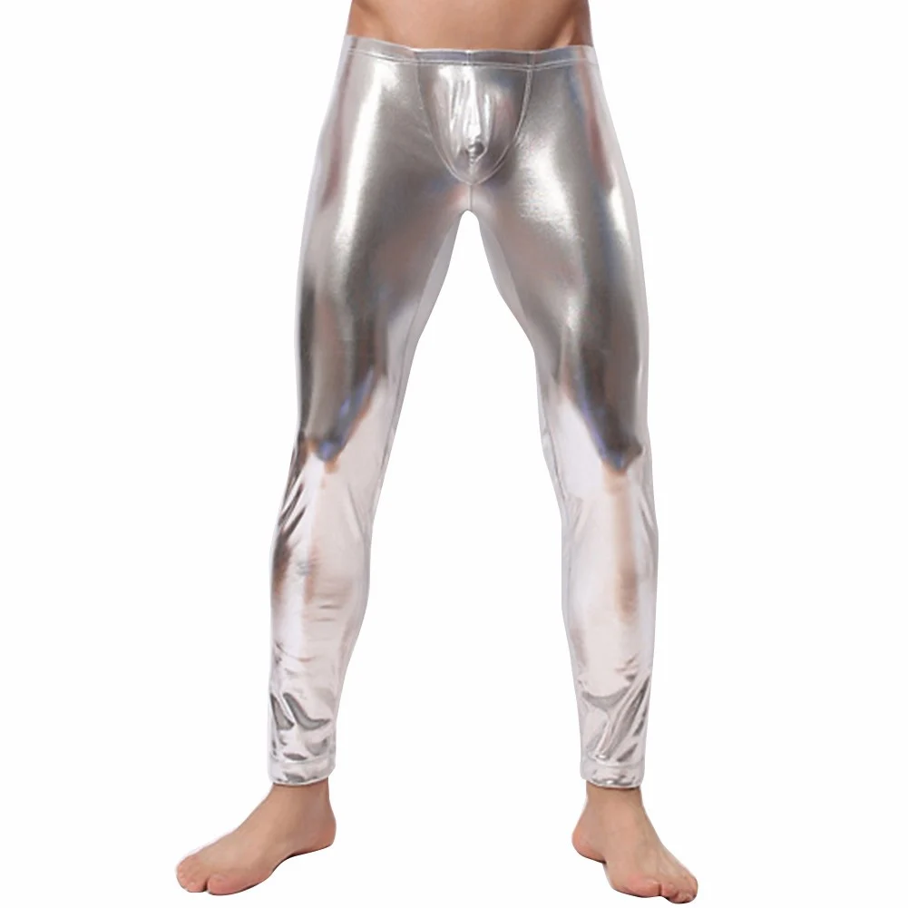 Silver Фетиш мужчины сексуальные Wetlook лакированная кожа полюс экзотические танцы брюки латексные леггинсы выпуклый мешок длинные брюки нижнее белье Клубная одежда - Цвет: Silver