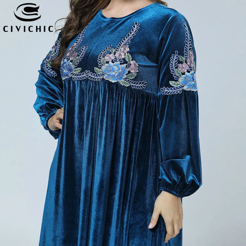 CIVICHIC Plus Size Winter Robe Femme Ethnic Floral Embroidery Maxi Dress Retro Elegant Women Gown Flannel Velvet Vestidos DRS224 | Женская