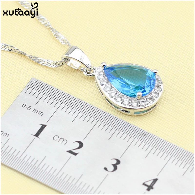 XUTAAYI Silver colorDrop Jewelry Sets For women Blue Cubic Zirconia White CZ Fancy Wedding Necklace/Rings/Earrings Set | Украшения и