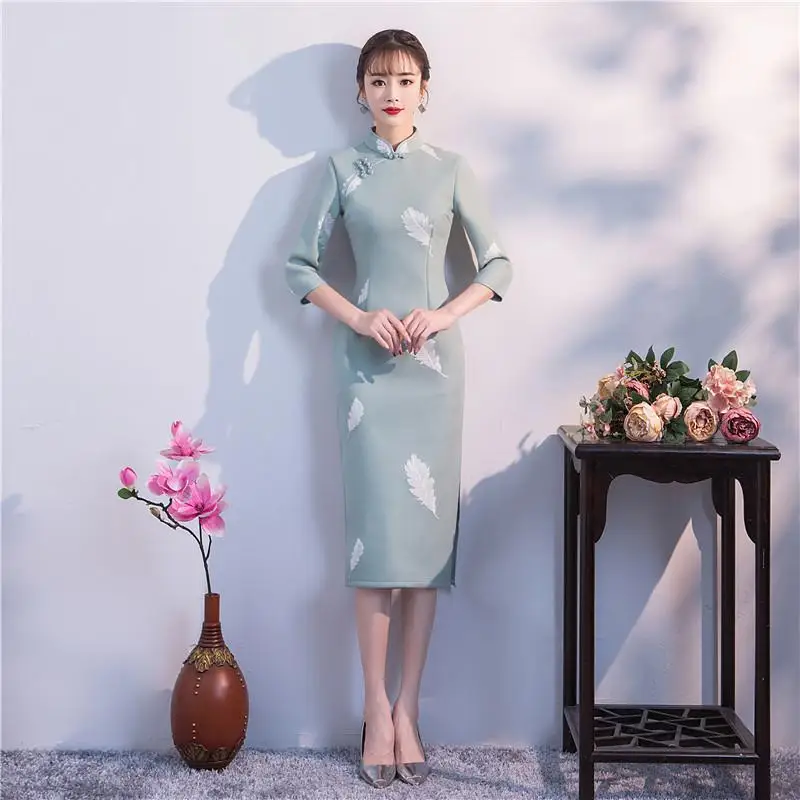 Элегантный Для женщин воротник-стойка Тонкий Cheongsam традиционно высокое Разделение тонкий Qipao Vestidos благородный офис платье в деловом стиле Размеры M-3XL - Цвет: Style 3