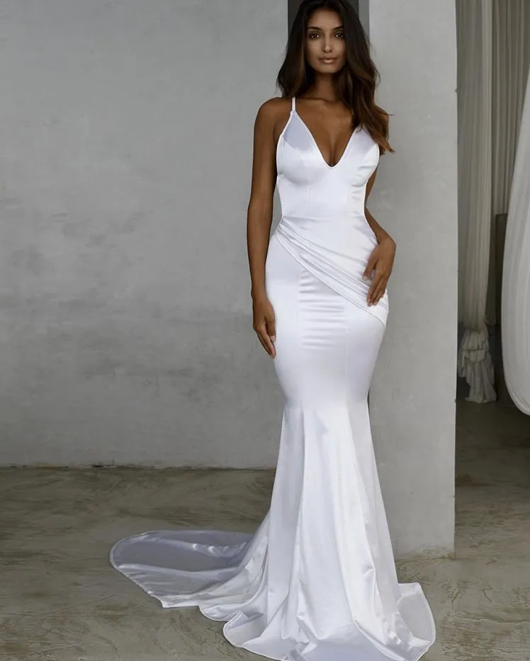 Cinderella White V-Neck Spaghetti Straps Satin Court Train Backless Mermaid Wedding Dresses Sexy Open Back Gowns | Свадьбы и