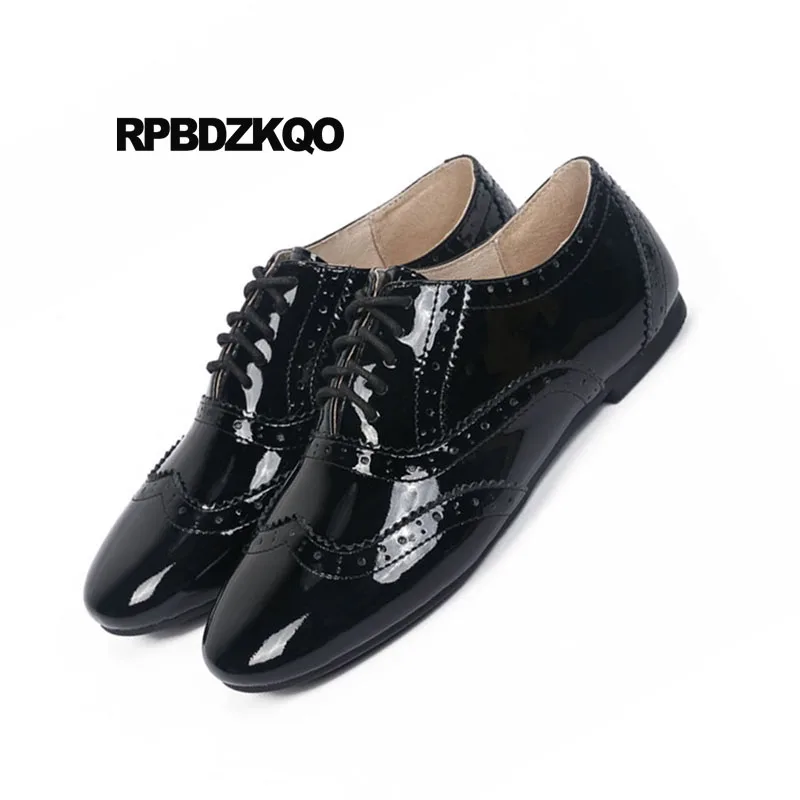 Китайские туфли-оксфорды на плоской подошве винтажные черные шнуровке с круглым