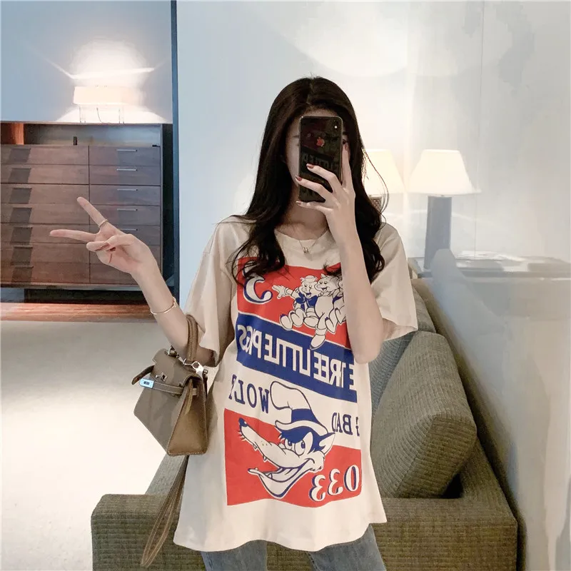 Harajuku Ulzzang Oversize tshirt мультфильм печати короткий рукав футболки корейский стиль Для женщин Свободные Летние Футболка женская Повседневное Топы