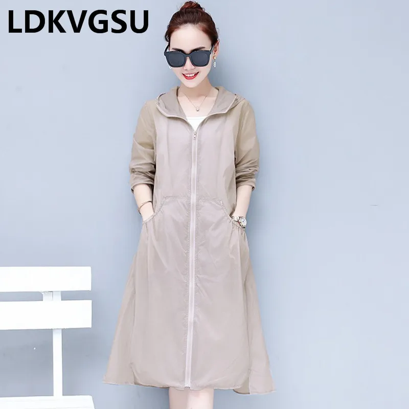 

Thin Coat Fashion Ladies Long Sunscreen Cardigan New Summer Solid Hooded Loose Wild Long Sleeve Zipper Female Shirt Coat Is931