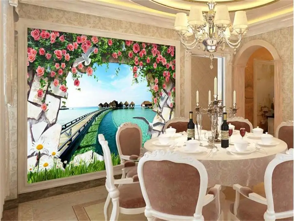 3d обои фотообои на заказ Настенные для гостиной морской мост розы живопись