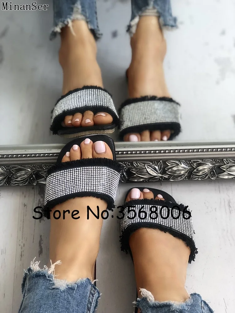 Summer Rhinestone Fringed Hemp Slippers Open Toe Cute Lady Slides Crystal Canvas Woman Flip-flops Shoes Slip-on Flats | Обувь