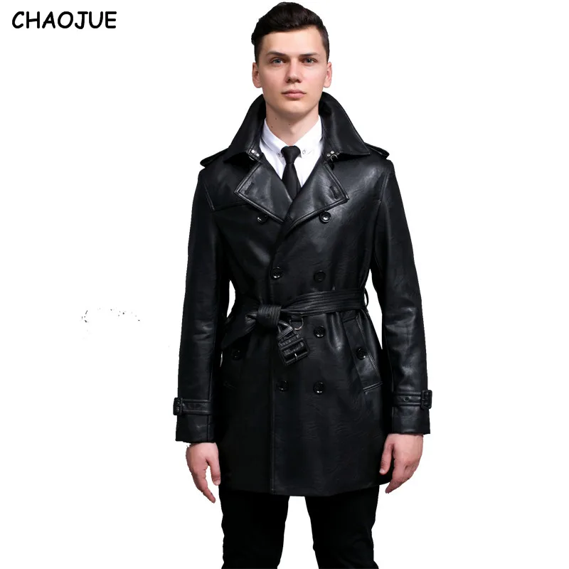 CHAOJUE-Chaqueta de cuero sintético para hombre, gabardina delgada de talla grande, color negro, con doble botonadura, prendas de vestir, 2018