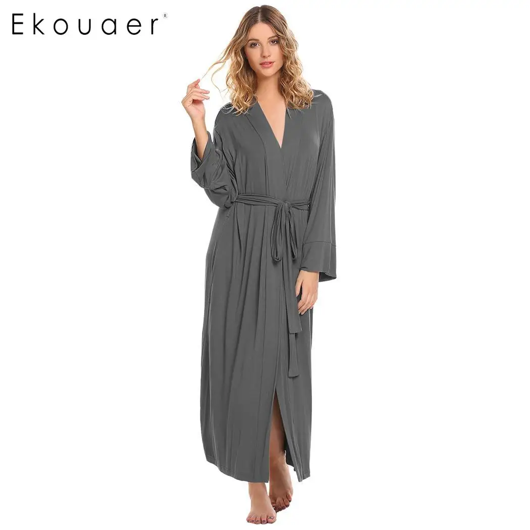 dark gray Ekouaer, женский халат, пижама, длинное кимоно, халат, однотонный, расклешенный, длинный рукав, мягкий халат с поясом, Женское ночное белье, ванная комната, спа-Халат - Цвет: dark gray