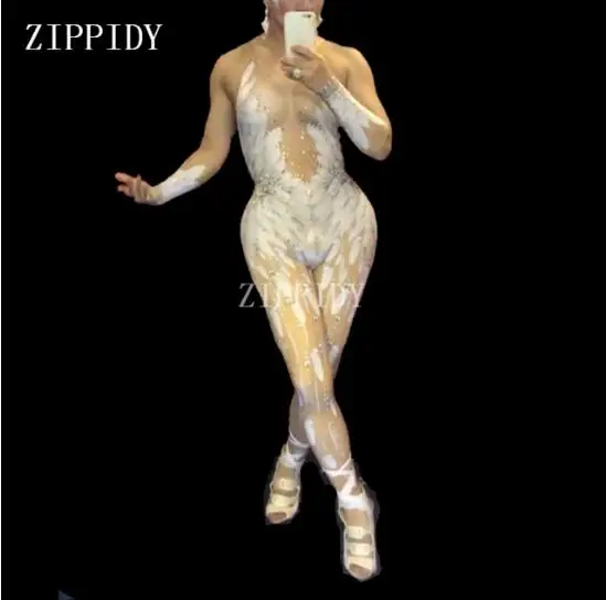 

Sexy Stretch White Feather Printed Bodysuit Wings Angel Rhitonstones Jumpsuit Nigthclub Singer Dance Outfit Stage Rompers