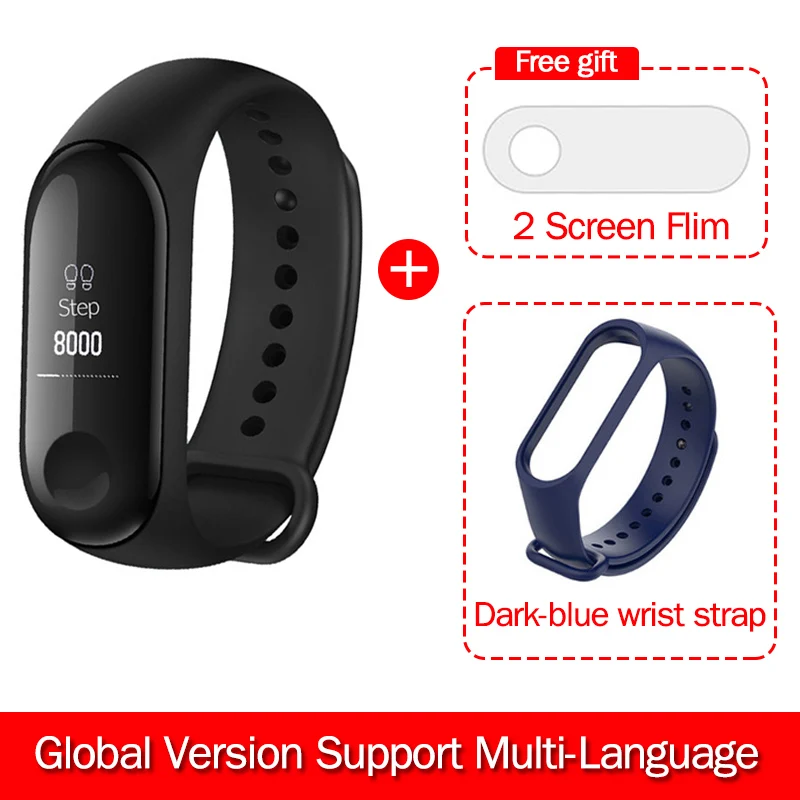 Смарт-браслет Origina Xiaomi Mi Band 3 OLED с сенсорным экраном 0,7" дисплей для сообщений, погода, фитнес-трекер, умные часы - Цвет: EN Add Dark-blue Str