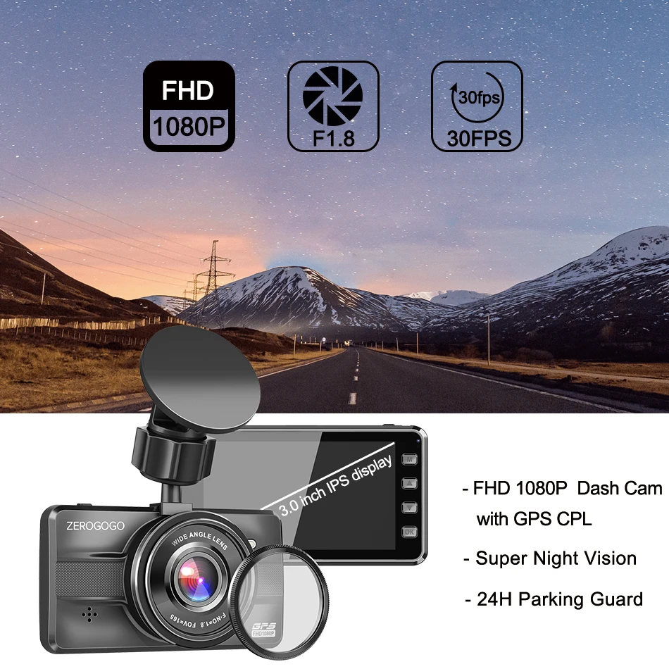 Видеорегистратор ZEROGOGO Full HD 1920x1080, Автомобильный видеорегистратор с gps регистратором, 3,0 дюймов, ips дисплей, видеорегистратор, Супер ночное видение, F1.8