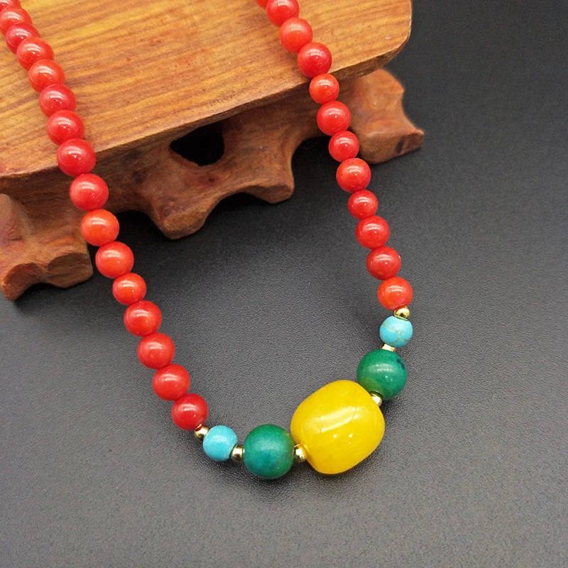 Shuangsheng 2019 new 5mm red coral 2 layer bracelet Natural stone and yellow natural beaded bohemian ethnic style religion |