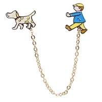 daisies lovely cartoon boy walk the dog cute metal chain brooch button pins gift for menwomen
