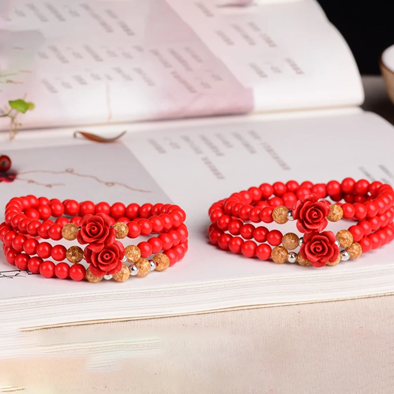 Wholesale Red Natural Cinnabar Bracelets 6mm Bead with Flower Soothe Nerves Evil Spirits for Women Beauty Jewelry | Украшения и