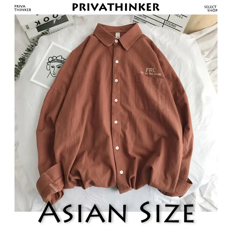 Coffee(Asian Size) Privathinker, Мужская Однотонная рубашка с длинным рукавом,, Мужская корейская модная рубашка с вышивкой в понедельник, Мужская Уличная Весенняя женская рубашка - Цвет: Coffee(Asian Size)