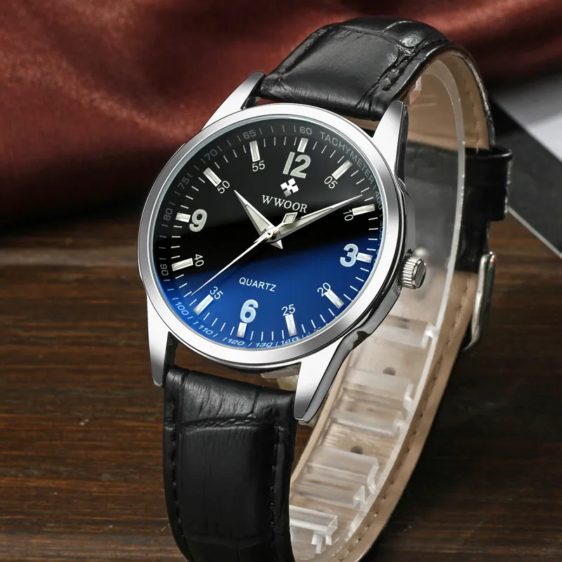 Лидирующий бренд WWOOR Роскошные мужские часы ремешок из натуральной кожи