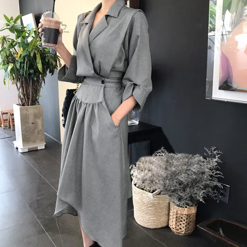 2019 Summer Women Turn-Down Collar Asymmetrical Dress Casual High Waist Button Elegant Pocket Split Midi Dresses | Женская одежда