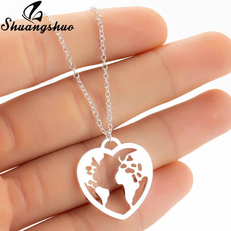 Shuangshuo Necklaces For Women Stainless Steel World Map Pendant Necklace Heart Shap Choker femme collares bijoux collier | Украшения и