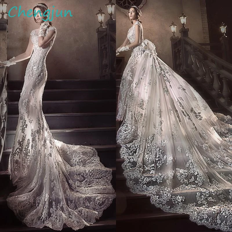 Chengjun New Arrivals Scoop Lace Beaed Luxury Mermaid Detachable Wedding Dress