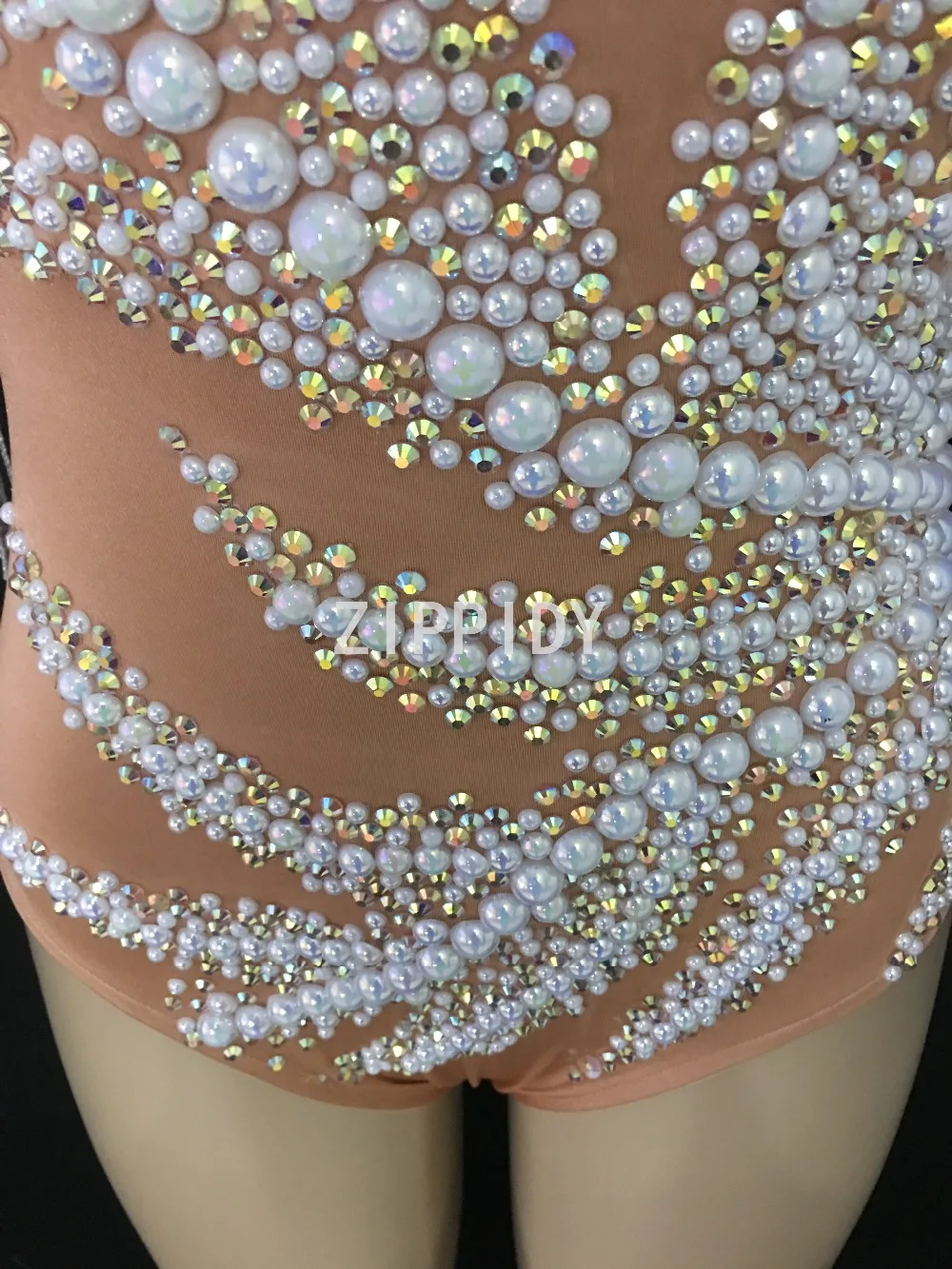 Fashion Sexy Rhinestones Pearls Tassel Spandex Bodysuit Female Singer Dancer Costume Nightclub Show Bodysuit Women's Oufit