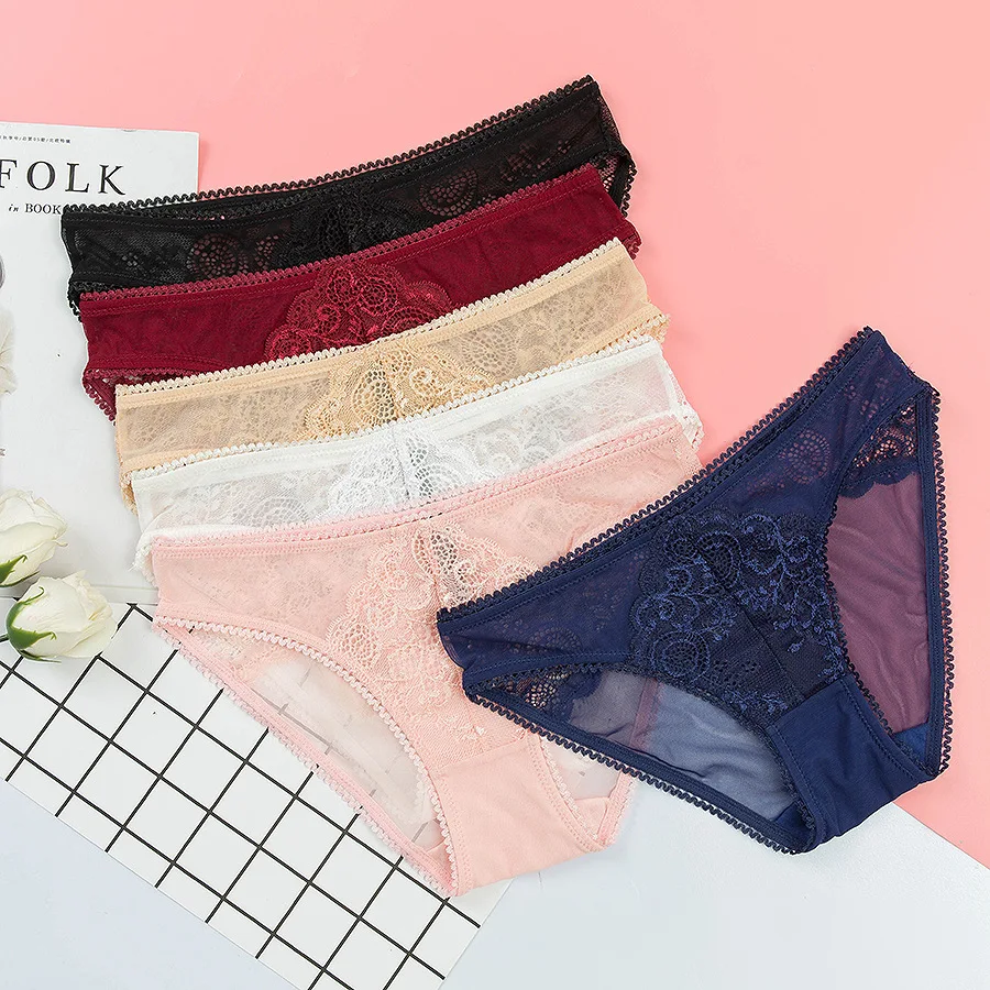 Transparent underwear net gauze sexy low waist female lace hollowed triangle crotch cotton |