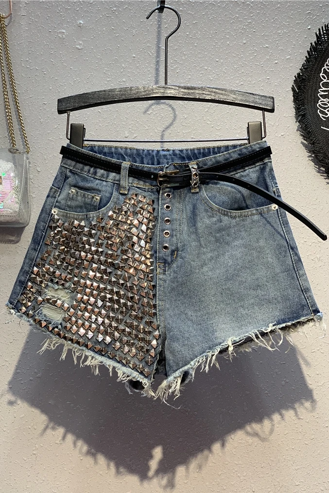 

2019 Shorts Straight Zippers Pockets Button Rivet Ripped Washed High Waist Jeans Woman Softener Regular Punk Style Cotton