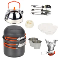 camping cooking set tableware outdoor cookware pot picnic teapot survival stoves folding fork knife spoon stainless steel cup