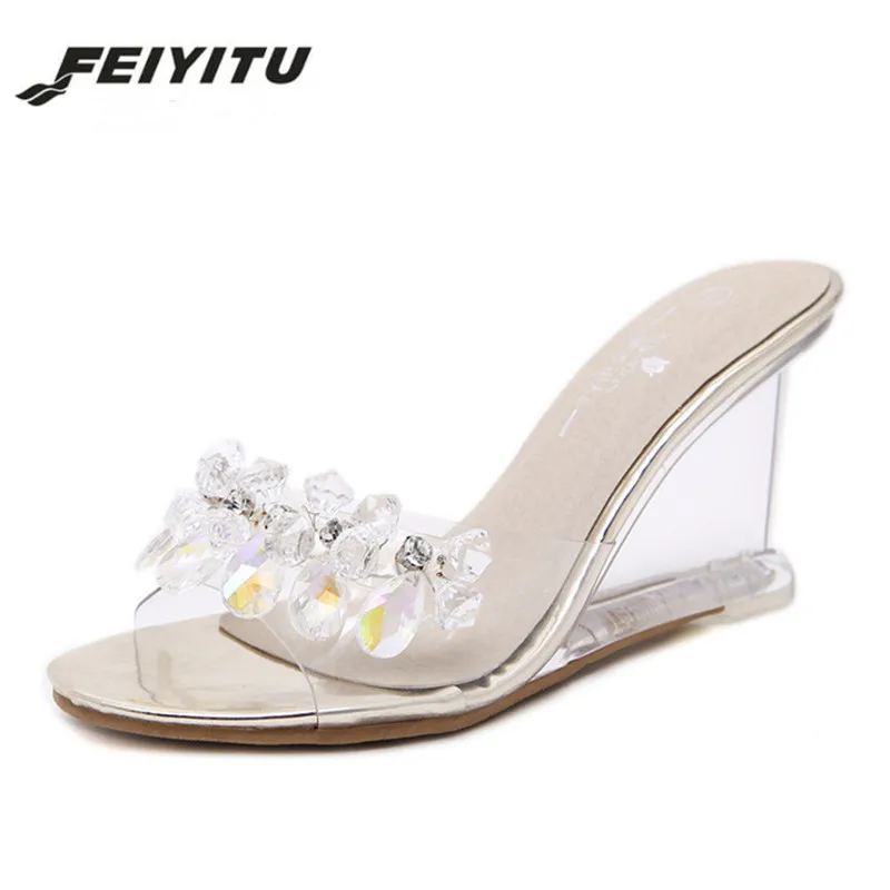 FeiYiTu/женские шлепанцы с кристаллами Цвет черный серебристый Женские сандалии на