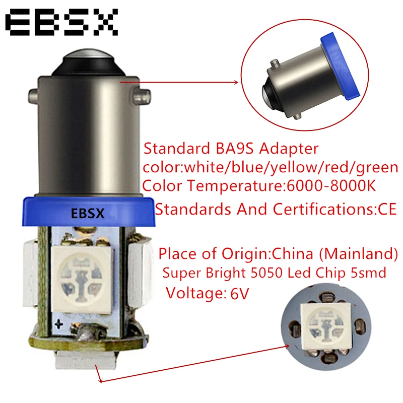 EBSX 50 шт в наборе Автомобильный светодиодный светильник Интерьер BA9S 5050 5 SMD 6V 6 3 V