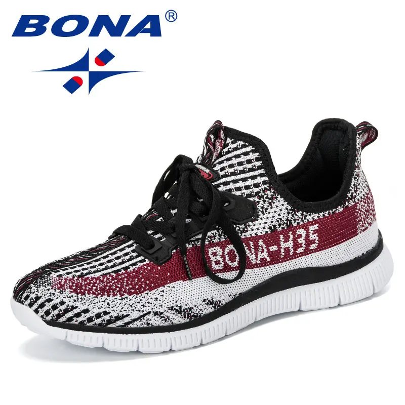 White black dark red BONA/Новинка года; Дизайнерские кроссовки; дышащая повседневная Нескользящая Мужская Вулканизированная обувь; Мужская износостойкая обувь из сетчатого материала; Tenis Masculino - Цвет: White black dark red