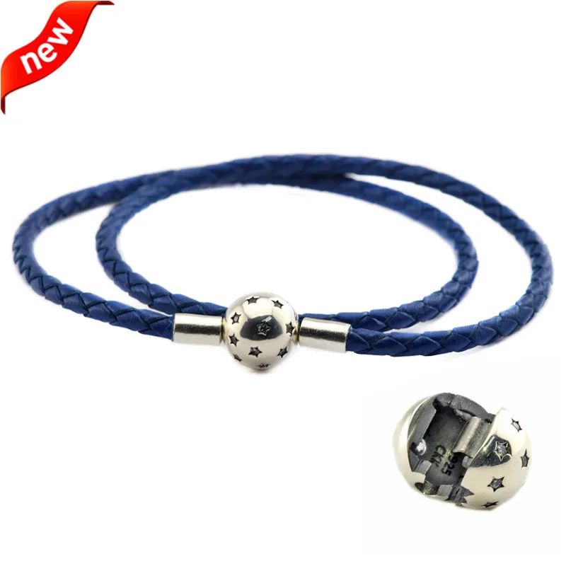 Женский кожаный браслет с бусинами шармами темно синий из серебра 925 пробы