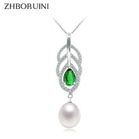 zhboruini high quality pearl jewelry freshwater pearls feather green zircon pendants 925 sterling silver jewelry for women gift