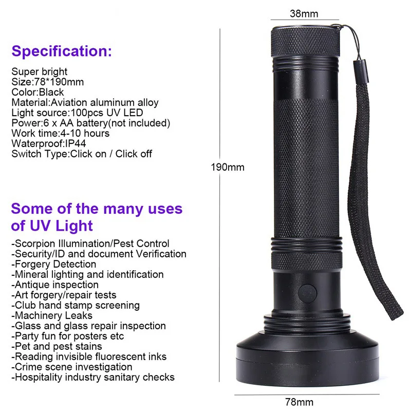 

Flashlight Torch Violet Lamp 100 LED Inspection Light UV Ultra Outdoor Blacklight @8 JD9 WWO66