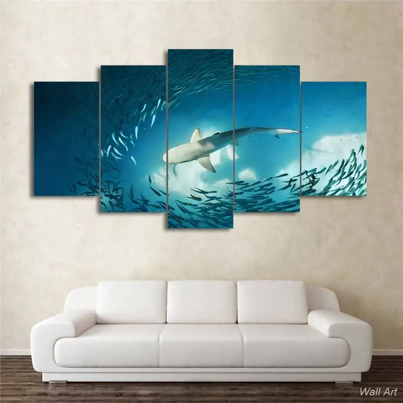 Hd Печатный 5 шт. холст искусство картина с изображением акулы Cluster Of Fish Deep Blue Ocean