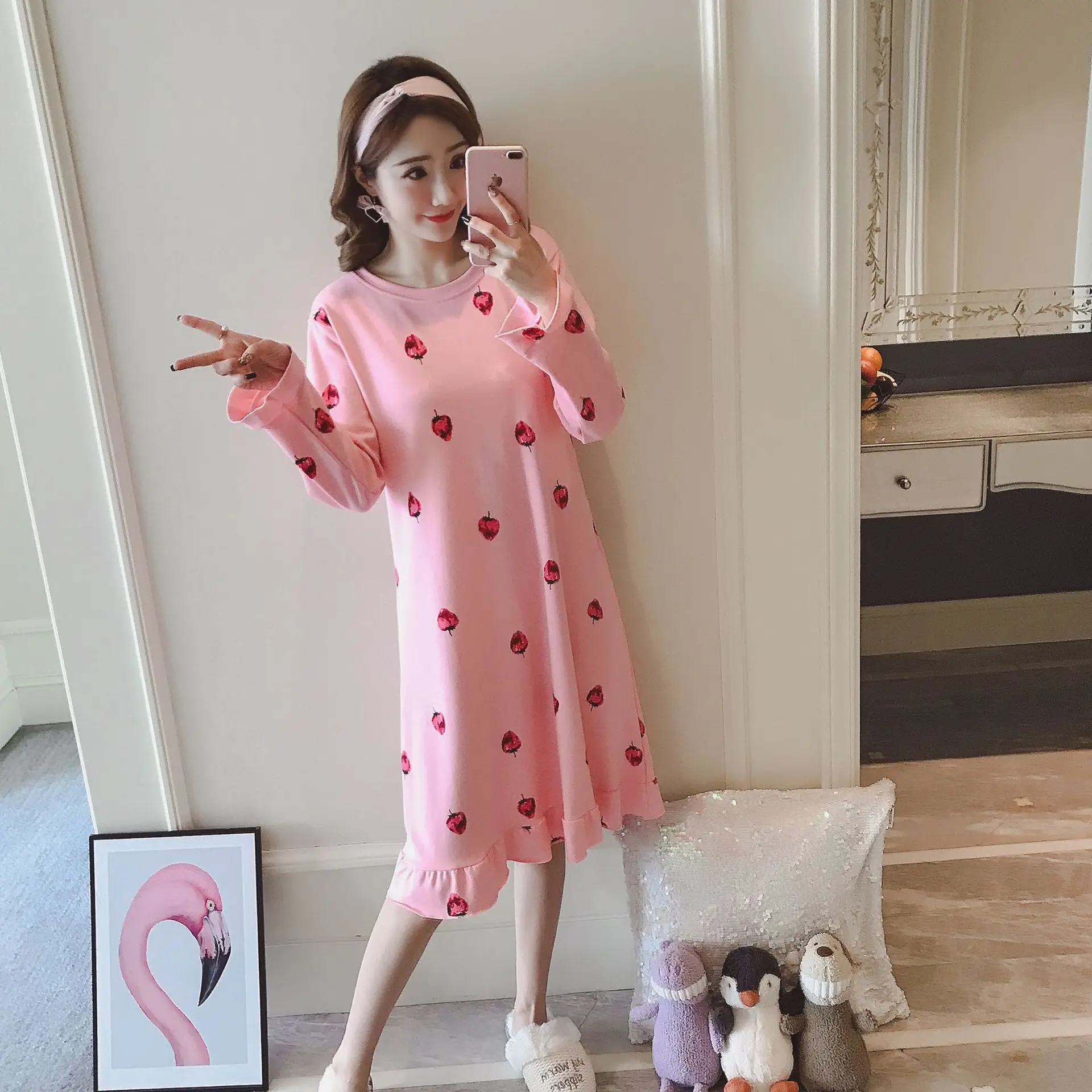 Ночные рубашки женские с длинным рукавом Kawaii хлопок осень пижамы свободные милые ночные рубашки для отдыха большой размер трендовые женские s принт - Цвет: 5355