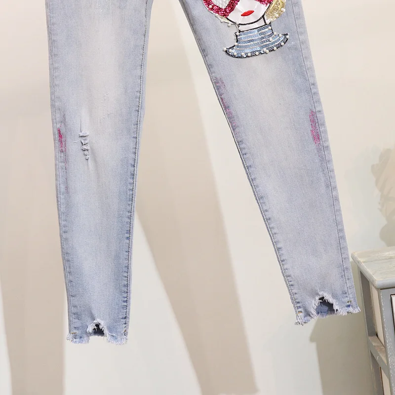 Amolapha женская футболка с блестками и бисером персонажем пэттерм + джинсовые брюки