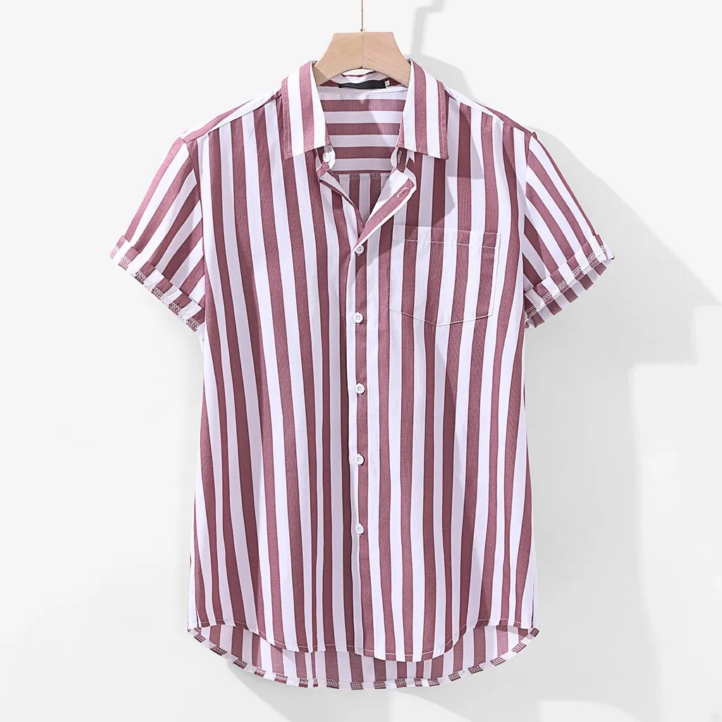 Летняя мужская рубашка chemise, свободные рубашки с короткими рукавами, полосатая Льняная блуза с принтом и карманами, Мужская гавайская рубашка, уличная рубашка camiseta