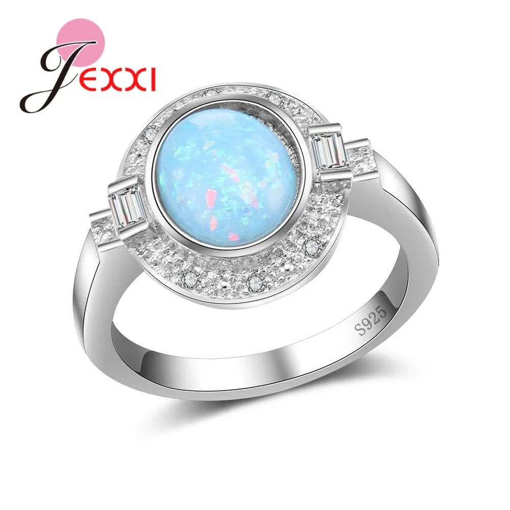 

Trendy Round Blue Fire Opal With CZ Crystal 925 Sterling Silver Fashion Women Rings Femme Wedding Jewelry Anillos