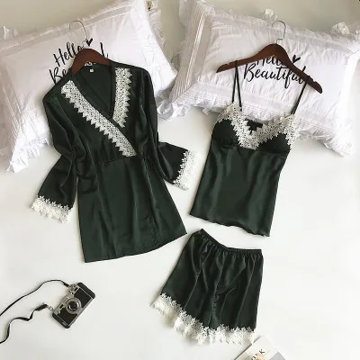 green Daeyard Шелковый пижамный комплект роскошный цветочный лоскутный Cami+ шорты+ халат, пижама из 3 предметов, одежда для сна, Сексуальная кружевная Пижама, элегантная домашняя одежда - Цвет: green