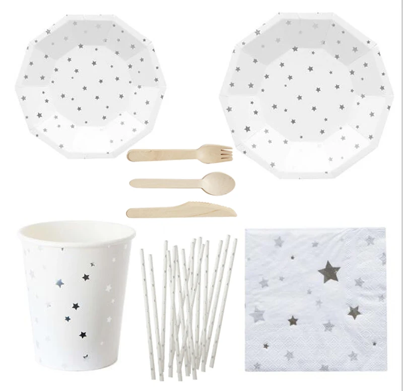 

Serves 8 silver star design wedding birthday disposable party tableware dinnerware party supplies set paper plates cups straws