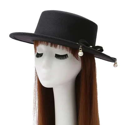 Новинка осенние и зимние версия тенденции вдоль плоским Top Hat г-жа Перл Имитация шерсти фетровая шляпа для женщин Шляпы фетровые для женщин - Цвет: 2